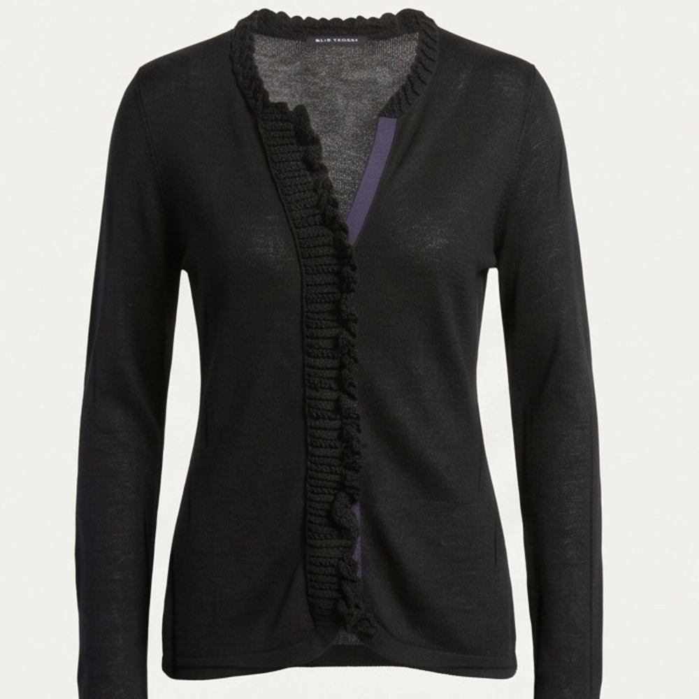 Elie Tahari Womens M Black Linen Ruffle Trim Cardigan Sweater Size Medium